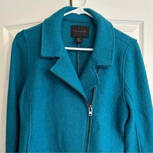 Tahari turquoise blue textured wool blend jacket